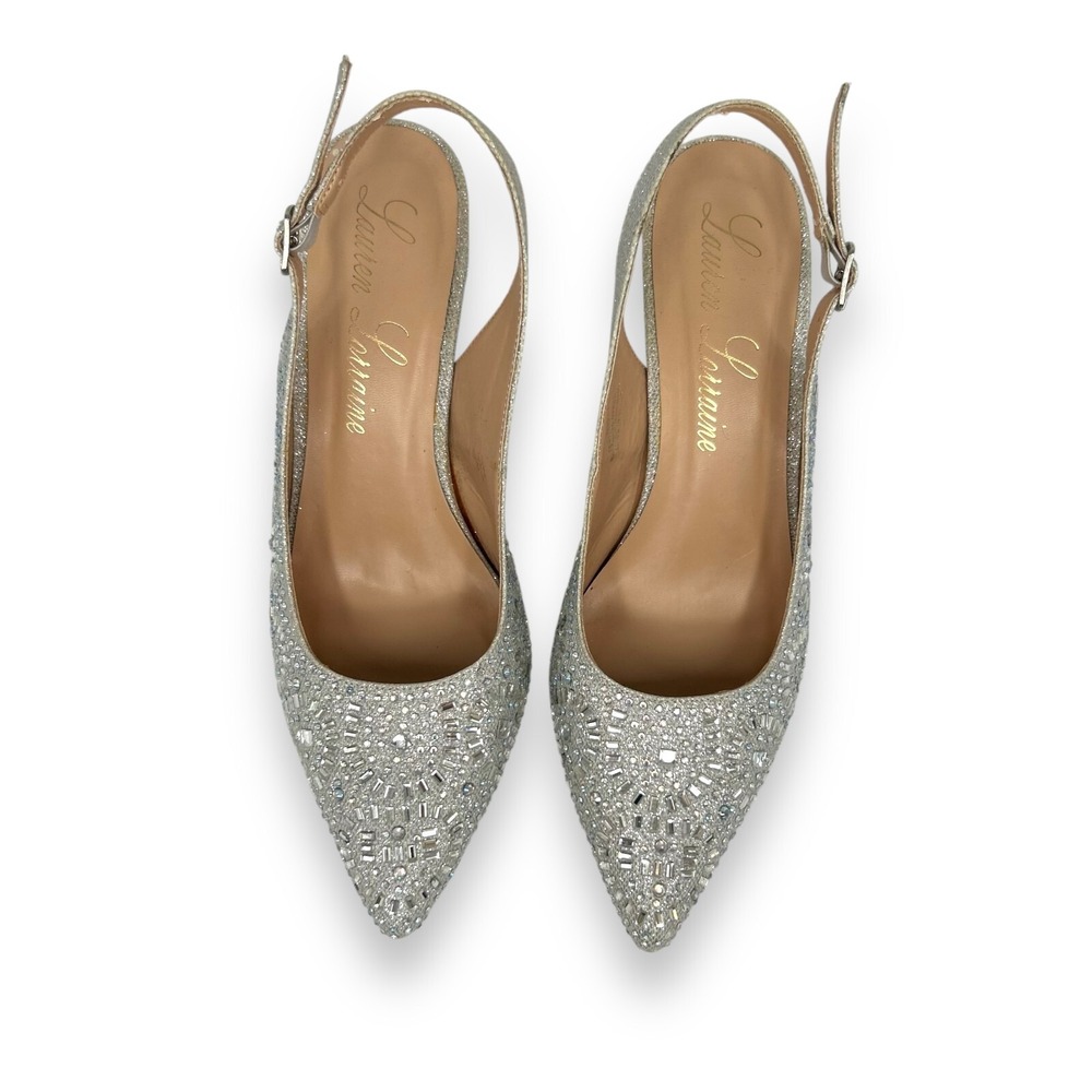 LAUREN LORRAINE Rachel Silver Shimmer Shoes Stilettos Crystals Size 8.5 Bridal - Picture 3 of 11